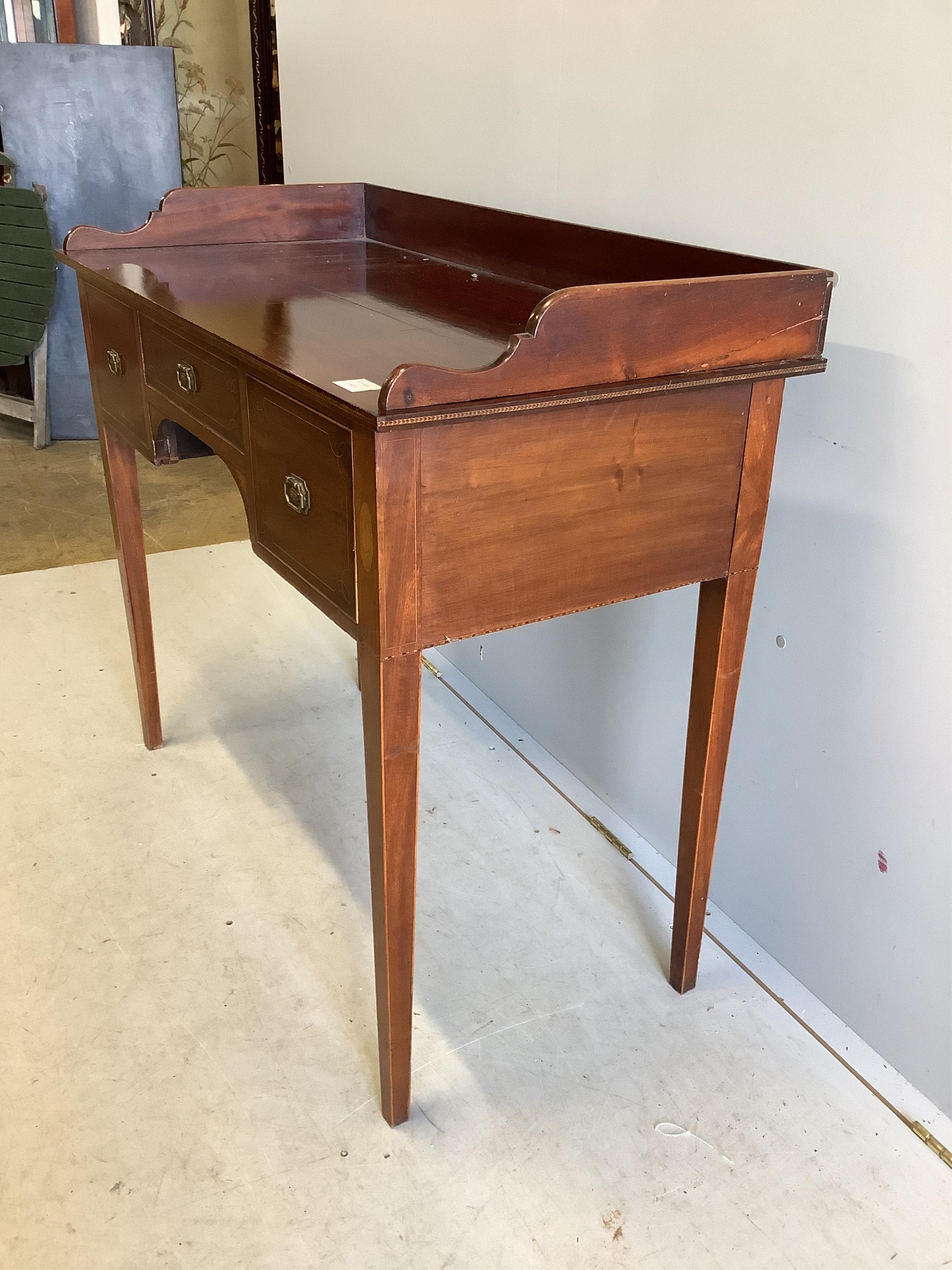 A Sheraton revival inlaid mahogany washstand, width 108cm, depth 50cm, height 92cm. Condition - poor